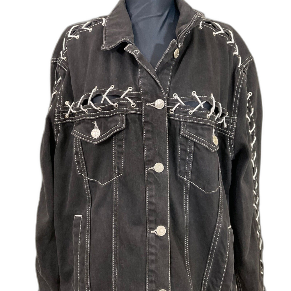 Topshop Moto Denim Jacket Lace Up Details Pockets wms. Size 12 Black Lace detail - Picture 2 of 15